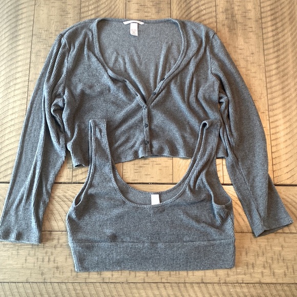 Victoria's Secret Other - Victorias Secret 2 Piece gray pj set with Henley long sleeve top & crop tank top